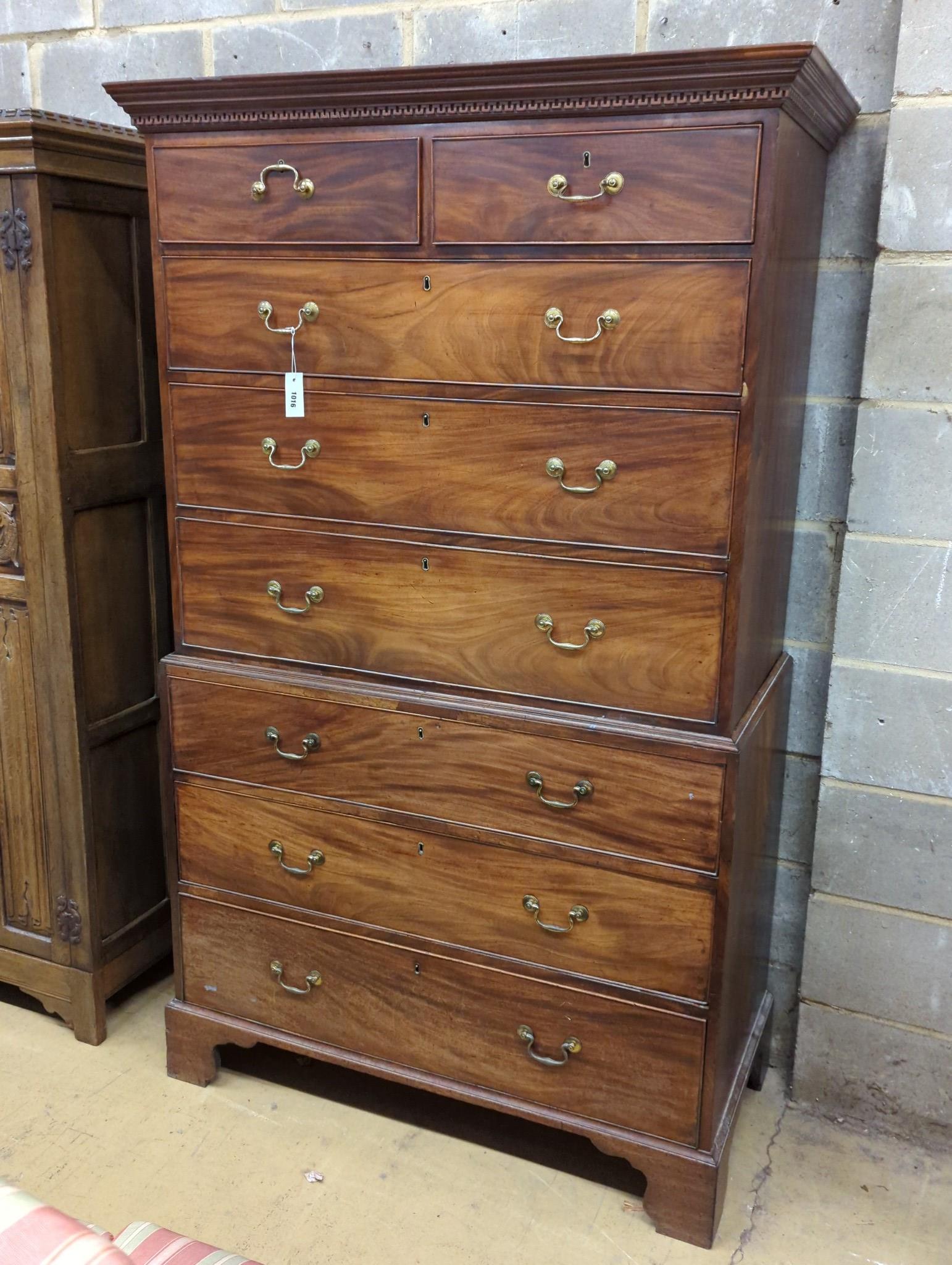 A George III mahogany chest on chest, width 111cm, depth 55cm, height 184cm